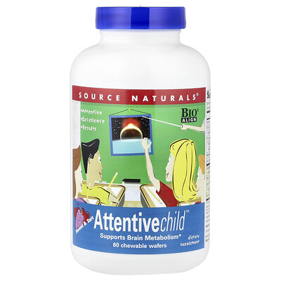 Source Naturals, Attentive Child, Refuerzo para el metabolismo cerebral, Sabor dulce y ácido, 60 obleas masticables