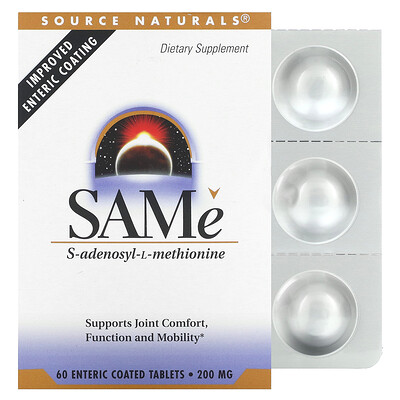 

Source Naturals SAMe S-аденозил-L-метионин, 200 мг, 60 таблеток, покрытых кишечнорастворимой оболочкой