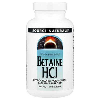 Source Naturals, Clorhidrato de betaína, 650 mg, 180 comprimidos