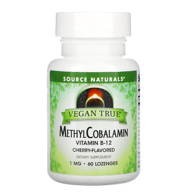 Source Naturals Vegan True, MethylCobalamin Vitamin B-12, Cherry , 1 mg, 60 Lozenges