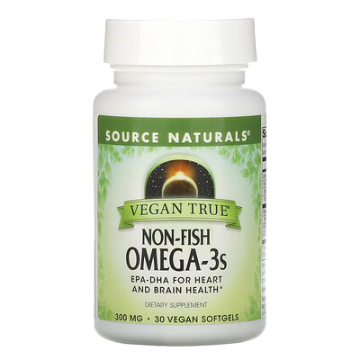 Source Naturals Истинно Веган, Омега-3s, не рыбного происхождения 300 мг, 30 веганских капсул