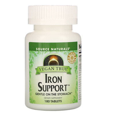 

Source Naturals Vegan True, Iron Support (препарат для поддержания уровня железа, подходит для веганов), 180 таблеток