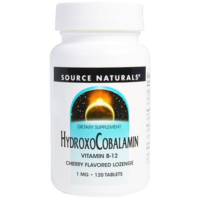 Source Naturals Гидроксокобаламин, витамин B12, пастилки со вкусом вишни, 1 мг, 120 таблеток