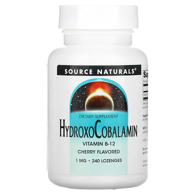 Source Naturals гидроксокобаламин, витамин B12, пастилки со вкусом вишни, 1 мг, 240 таблеток