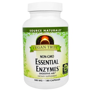 Source Naturals, Vegan True, Non-GMO Эфирные Ферменты, 500 мг, 180 капсул