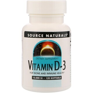 Source Naturals, Vitamin D-3ビタミンD-3、10,000IU、ソフトゲル120錠