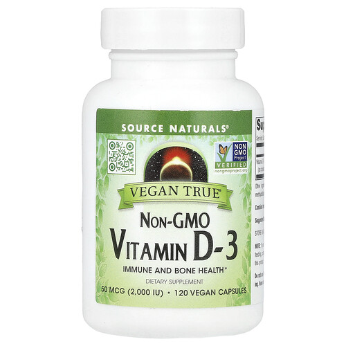 Source Naturals Vegan True® 非遺伝子組み換えビタミンD-3 50mcg（2,000IU）ビーガンカプセル120粒
