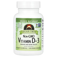 Vegan True®, вітамін D3 без ГМО, 50 мкг (2000 МО), 120 веганських капсул