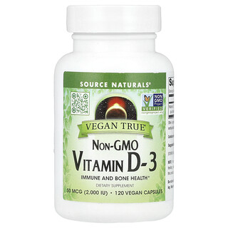 Source Naturals, Veganistische echte®, niet-GMO-vitamine D-3, 50 mcg (2.000 IE), 120 veganistische capsules