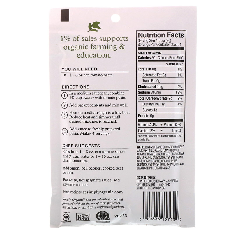 Simply Organic, Italian Herb Spaghetti Sauce Mix, 12 Packets, 1.31 oz