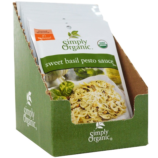 Simply Organic, Смесь для приготовления соуса Сладкий Базилик Песто 12 пакетиков, 0.53 унции (15 г) каждый