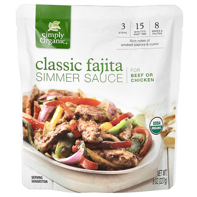 Simply Organic  Classic Fajita Simmer Sauce For Beef or Chicken  8 oz (227 g)