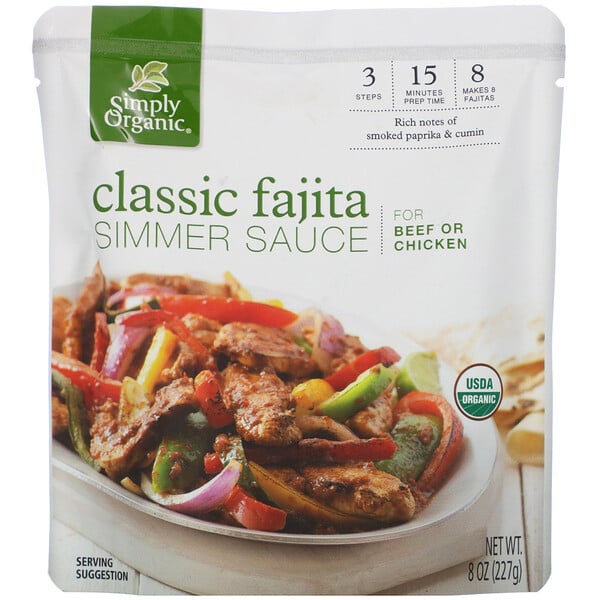 Simply Organic, Organic Simmer Sauce, Classic Fajita, For Beef or Chicken, 8 oz (227 g)