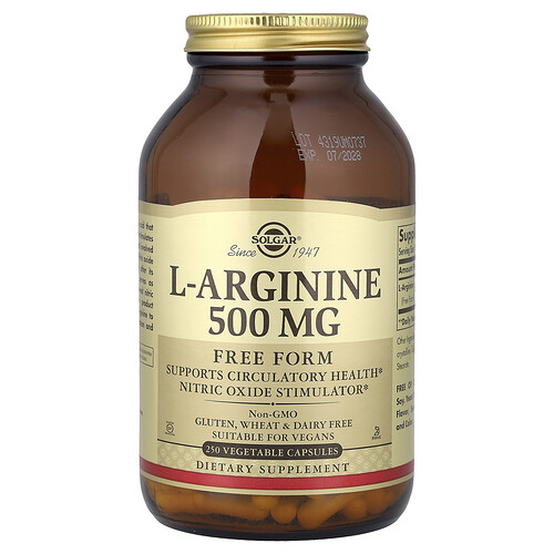 Solgar, L-Arginin, freie Form, 500 mg, 250 pflanzliche Kapseln