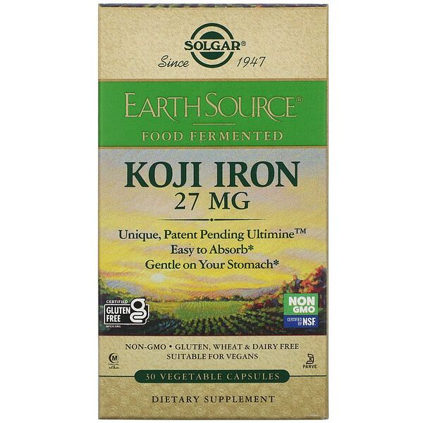 Solgar‏, EarthSource Food Fermented, Koji Iron, 27 mg, 30 Vegetable Capsules
