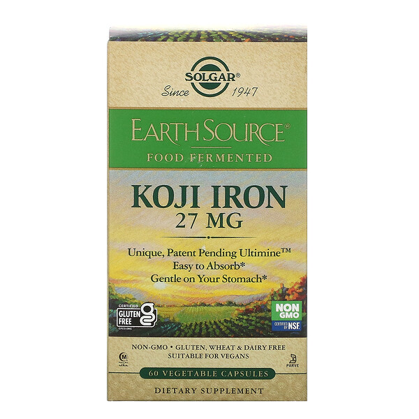 Solgar‏, EarthSource Food Fermented, Koji Iron, 27 mg, 60 Vegetable Capsules