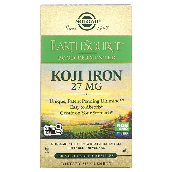 Solgar, EarthSource Food Fermented, железо коджи, 27 мг, 60 растительных капсул