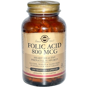 Solgar, Фолиевая кислота, 800 мкг, 250 вегетарианских капсул