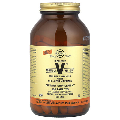 Solgar Formula V VM75 Multiple Vitamins with Chelated Minerals IronFree 180 Tablets