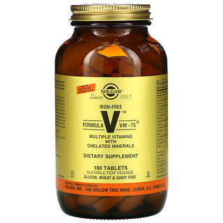 Solgar, Formula VM-75, комплексные витамины с микроэлементами в хелатной форме, без железа, 180 таблеток