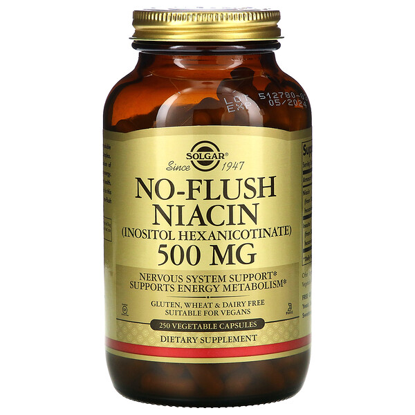 ниацин, не вызывающий покраснений, 500 мг, 250 растительных капсул