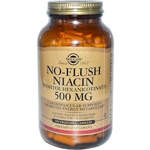 Solgar, Ниацин, не вызывает покраснений, 500 мг, 250 капсул на растительной основе