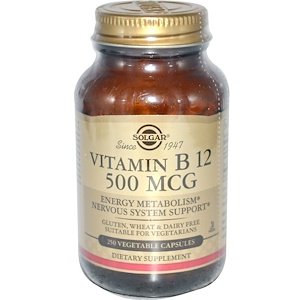 Solgar, Витамин B12, 500 мкг, 250 растительных капсул
