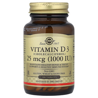 Solgar, Vitamín D3, 25 mcg (1 000 IU), 180 tabliet