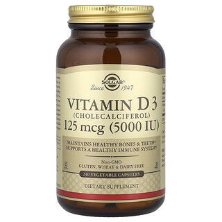 Solgar, Vitamina D3 (colecalciferol), 125 mcg (5000 UI), 240 cápsulas vegetales