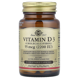 Solgar, Vitamín D3, 55 mcg (2 200 IU), 50 rastlinných kapsúl
