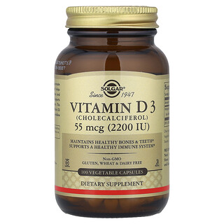 Solgar, Vitamín D3, 55 mcg (2 200 IU), 100 rastlinných kapsúl