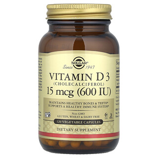Solgar, Vitamín D3 (cholekalciferol), 15 mcg (600 IU), 120 rastlinných kapsúl