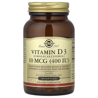Solgar, Vitamín D3 (cholekalciferol), 10 mcg (400 IU), 100 mäkkých kapsúl