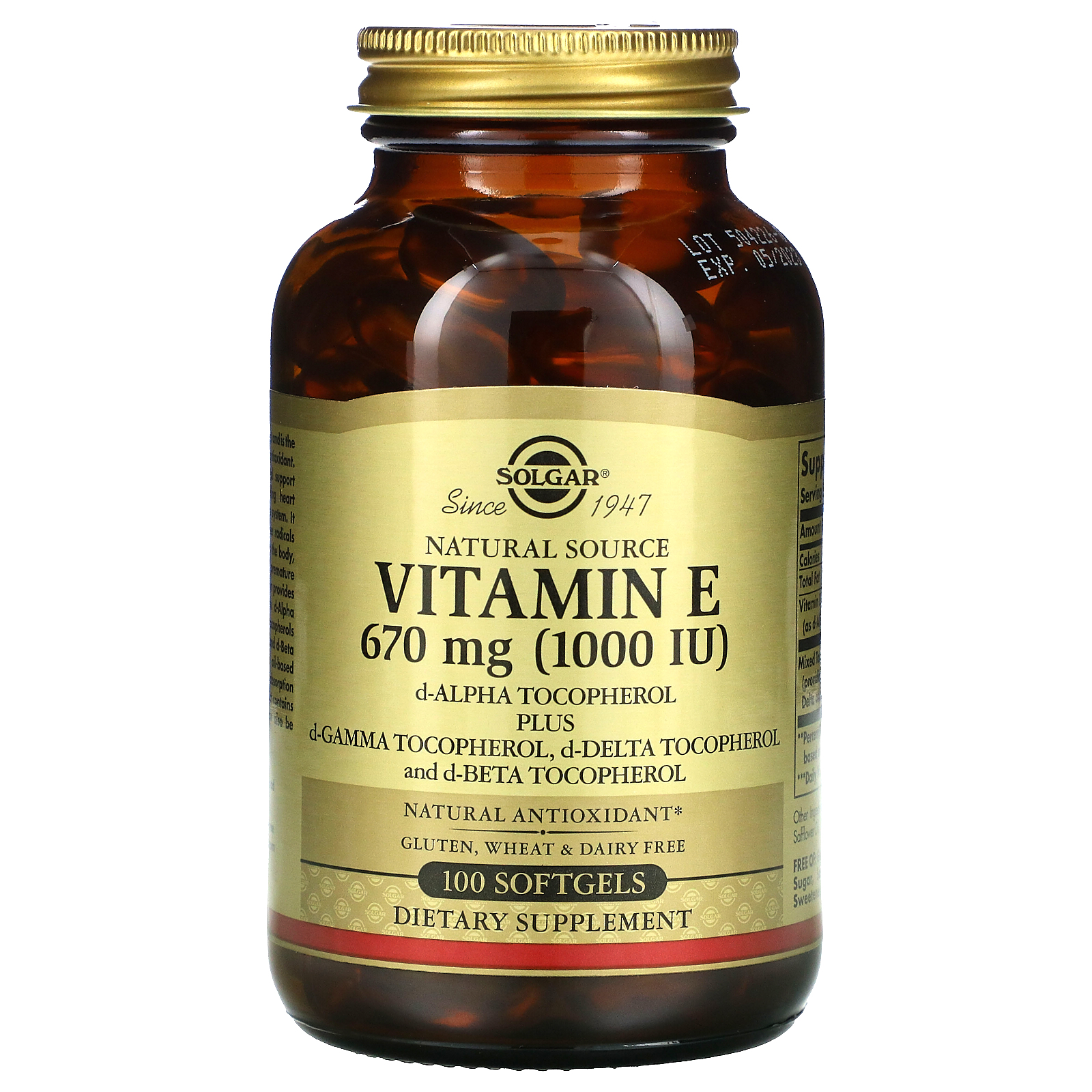 Leed Perforatie satelliet Solgar, Natural Source Vitamin E, 670 mg (1,000 IU), 100 Softgels