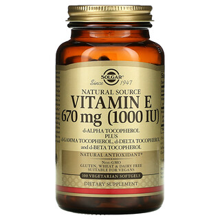 Solgar, Vitamina E de origen natural, 670 mg (1000 UI), 100 cápsulas blandas vegetales