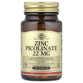 Solgar, Picolinato de Zinco, 22 mg, 100 Comprimidos