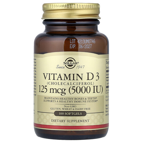 Solgar Vitamin D3 (Cholecalciferol), 125 mcg (5,000 IU), 100 Softgels
