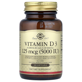 Solgar, Vitamina D3 (colecalciferol), 125 mcg (5000 UI), 100 cápsulas blandas