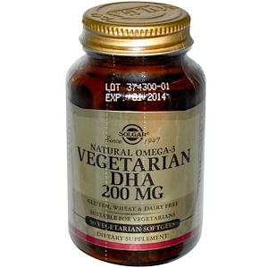 Solgar, Натуральная вегетарианская омега-3 ДГК, 200 мг, 50 мягких капсул на растительной основе