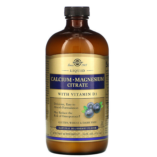 Solgar, Calcium Magnesium Citrate Liquid with Vitamin D3, Natural Blueberry, 16 fl oz (473 ml)