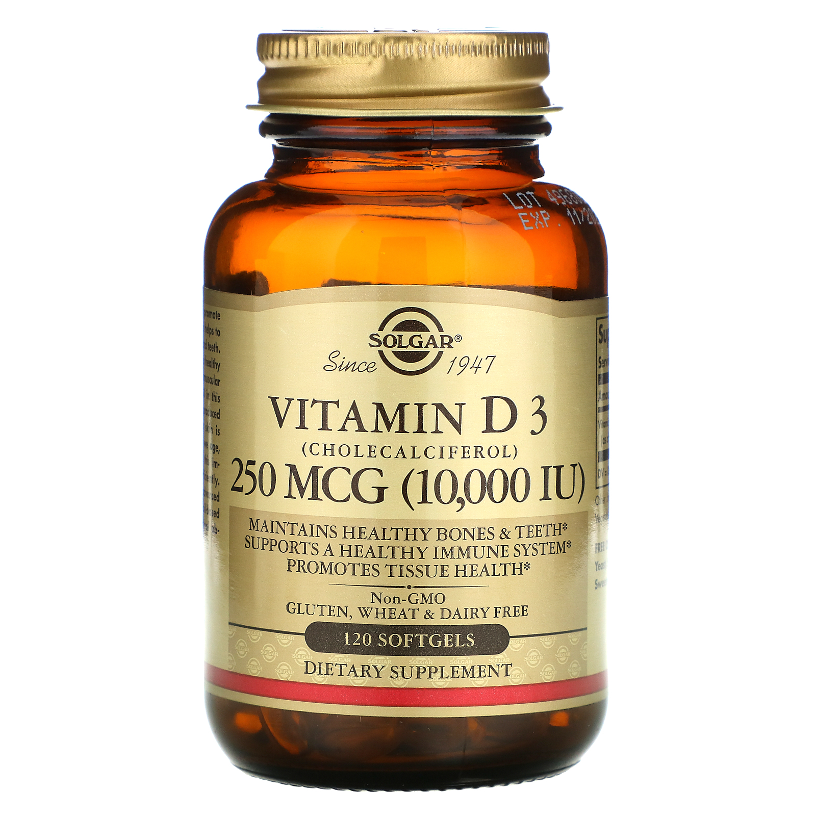 Senaat En vezel Solgar, Vitamin D3 (Cholecalciferol), 250 mcg (10,000 IU), 120 Softgels
