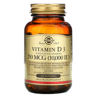 Solgar, 비타민D3(콜레칼시페롤), 250mcg(10,000IU), 소프트젤 120정