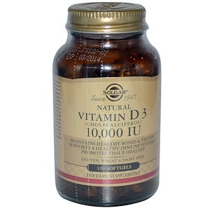 Solgar, Натуральный витамин D3, 10 000 МЕ, 120 гелевых капсул