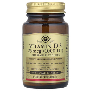 Solgar, Vitamín D3, prírodný jahodovo-banánový závit, 25 mcg (1 000 IU), 100 žuvacích tabliet