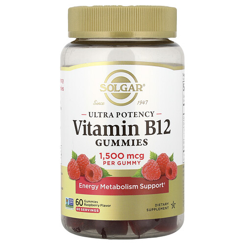 Solgar Ultra Potency Vitamin B12 Gummies, Raspberry, 1,500 mcg, 60 Gummies