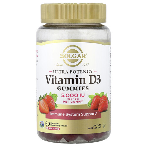 Solgar Ultra Potency Vitamin D3 Gummies, Strawberry, 125 mcg (5,000 IU), 60 Gummies