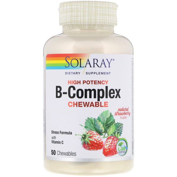 Solaray, высокоэффективный комплекс витаминов группы B, натуральный клубничный вкус, 50 жевательных таблеток