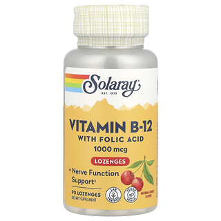 Solaray, Vitamina B12 com Pastilhas de Ácido Fólico, Cereja Natural, 1.000 mg, 90 Pastilhas