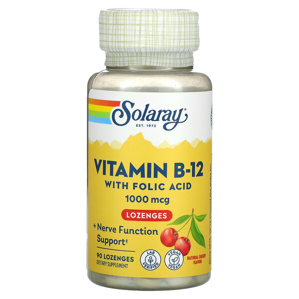 Solaray, витамин B12, пастилки с натуральным вишневым вкусом, 1000 мг, 90 пастилок