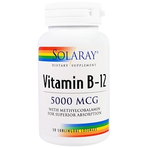 Solaray, Витамин B-12, 5000 мкг, 30 подъязычных таблеток